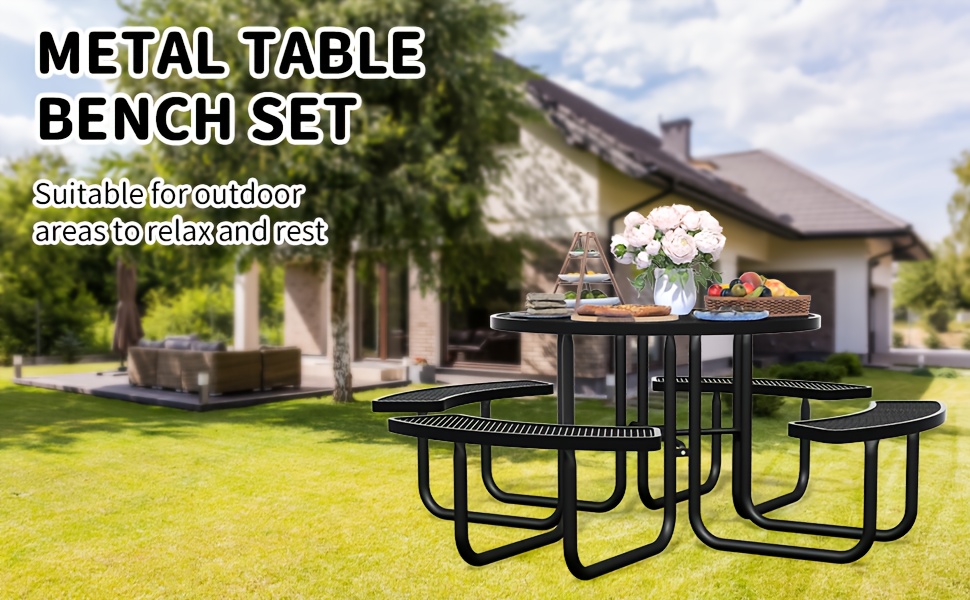 Heavy Duty Outdoor Metal Table and Bench Set Compatible for - -Weather Coated Steel Frame & Plastic Tabletop, Easy Assembly Outdoor Furniture for Park, Patio, Playground, School, Campsite - & Low Maintenance
