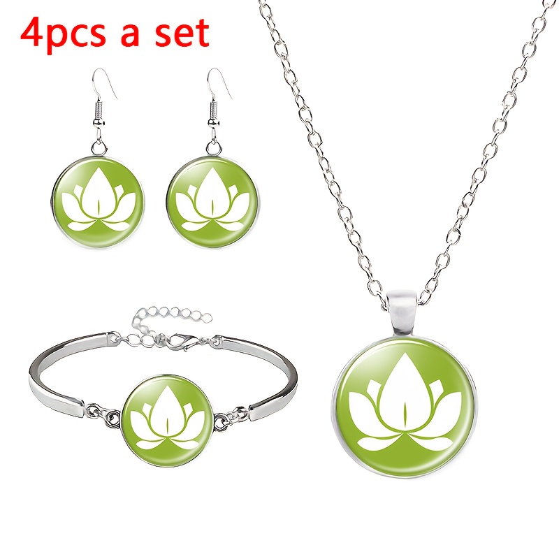 4pc Green Leaf Logo Design Jewellery Set, Necklace, Bracelet & Earrings