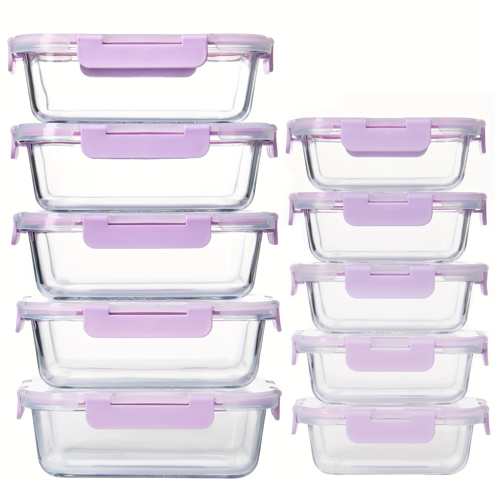 TEMU [10-pack] High Borosilicate Glass Meal Prep Containers Set, Food Storage Containers With Airtight Leakproof Lids, For Home Kitchen , Light Purple