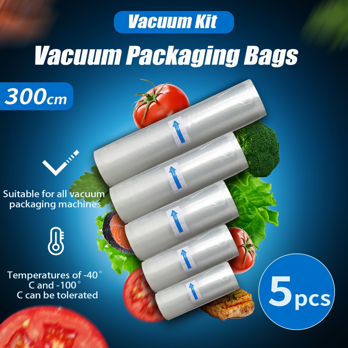 

5pcs Vacuum Sealed Bag Rolls With Different Sizes Of 3m For Food, Free Of Bisphenol A, Layer Co Extruded Diamond Patterned Vacuum Film Bags, Vacuum Bags, Patterned Film Food Packaging Bags