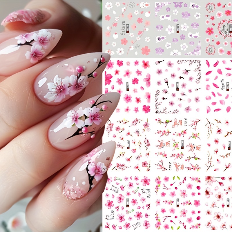 

Cherry Blossom Nail Art Stickers - Water Transfer Decals For Diy Manicure, Sparkle , Self-adhesive, Disposable - Women & Girls