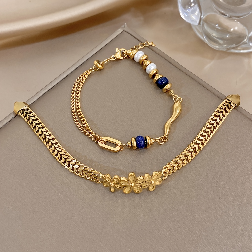 2pcs Vintage Double-Layer Chain Bracelet Set with Blue Stone