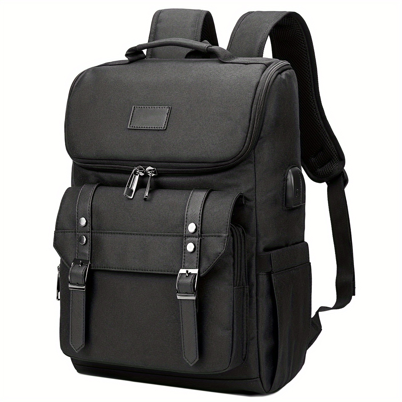 

Vintage-inspired Black Backpack With Usb Charging Port - Waterproof, Stain-resistant Oxford Fabric, Adjustable Straps For 15.6" Laptop - Daily & Travel