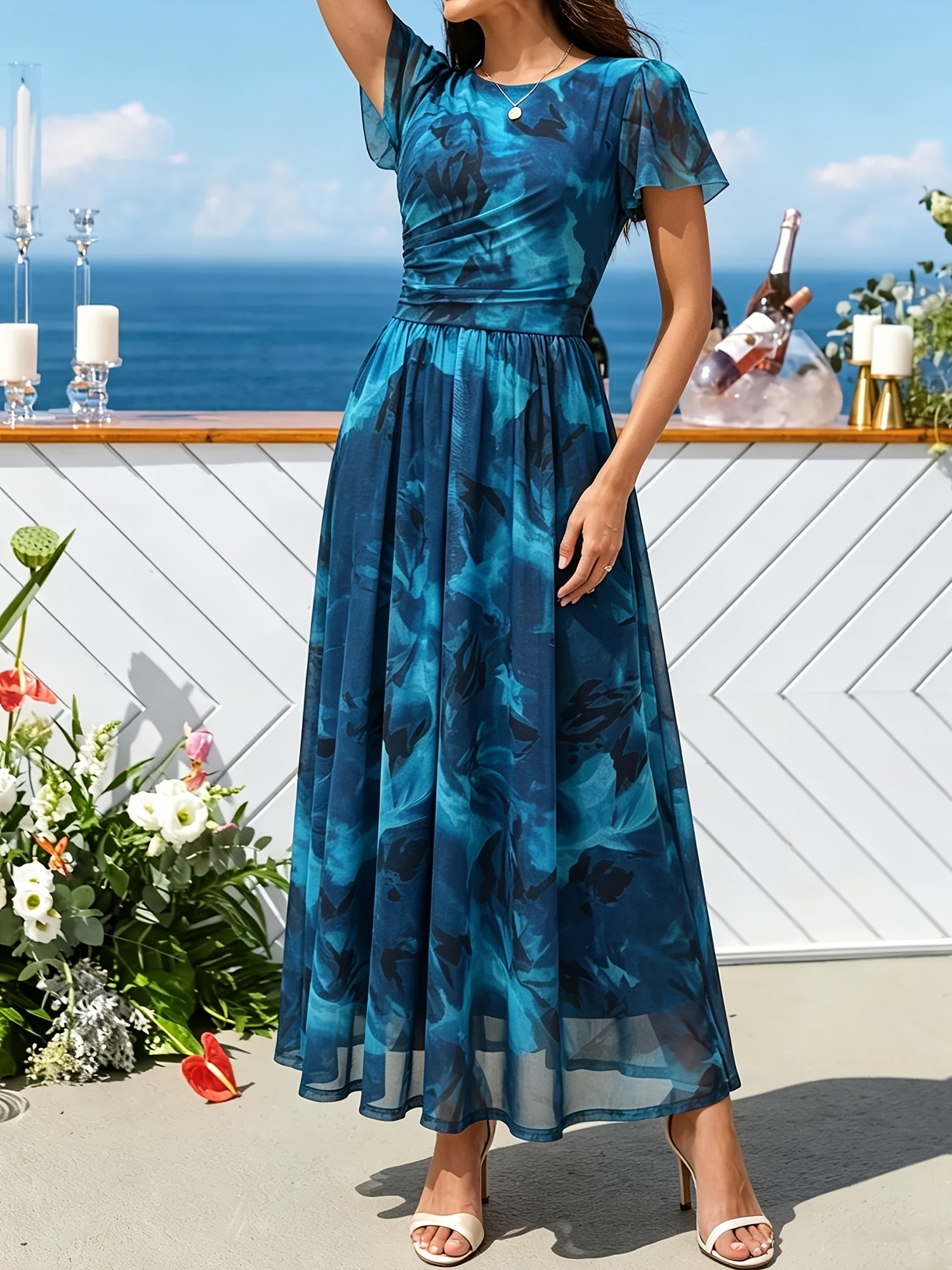 Blue Ink Print Mesh Midi Dress Women'S Flutter Sleeves Waist Cinched Pleated Design Flowing Long Dress