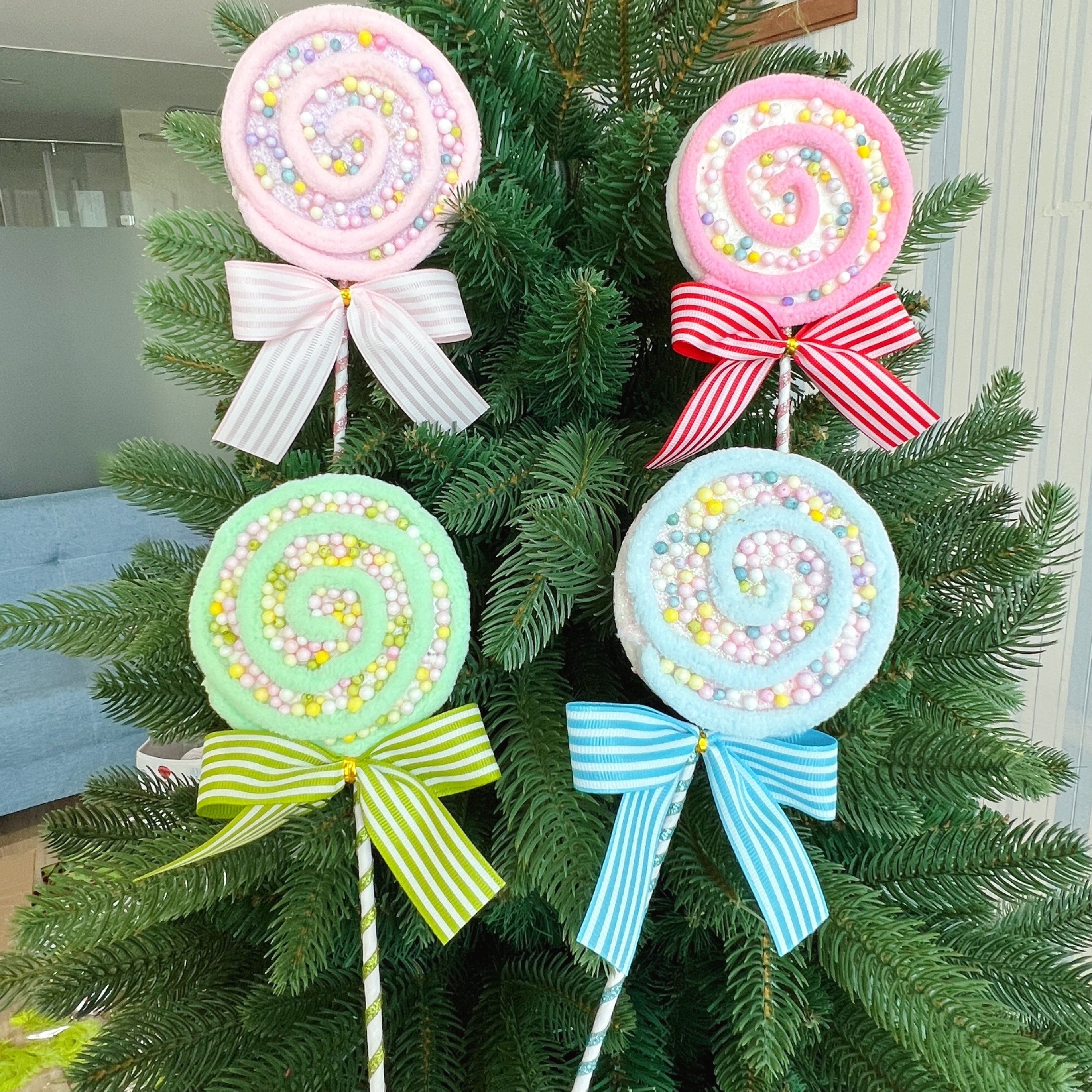 

2pcs Macaron-colored Lollipop Candy Ornaments With Bows - Christmas Tree Toppers, Holiday Parties & Home Decor In Blue, Red, Green, Pink