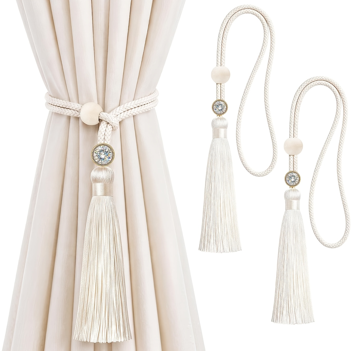 TEMU 2pcs Boho Curtain Tiebacks Holdbacks Suitable For Living Room, Bedroom, Kitchen, Bathroom - Handmade Braided Bohemian Tassel Holders With Corded