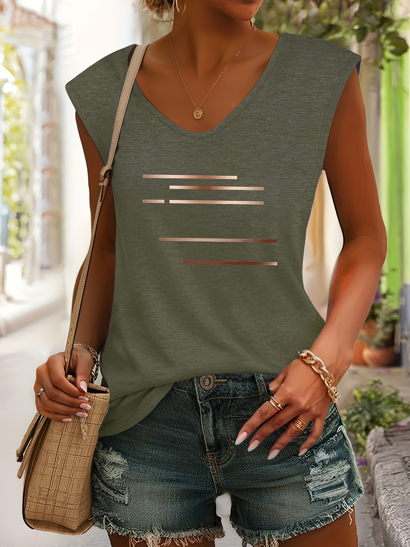 relaxed and sophisticated minimalist aesthetic horizontal     pattern printed v neck sleeveless t shirt comfortable and   fabric     alone or layered for casual matching suitable for street daily life