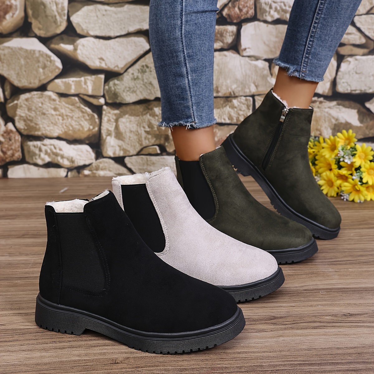 

Women's Ankle Boots, 070-3 Single Zipper, Fur Lined, Fashionable Flat Sole, Warm Casual , Solid Color, Zipper Closure, Round Toe, Fabric Upper, Tpr Sole, Fabric , Low Heel