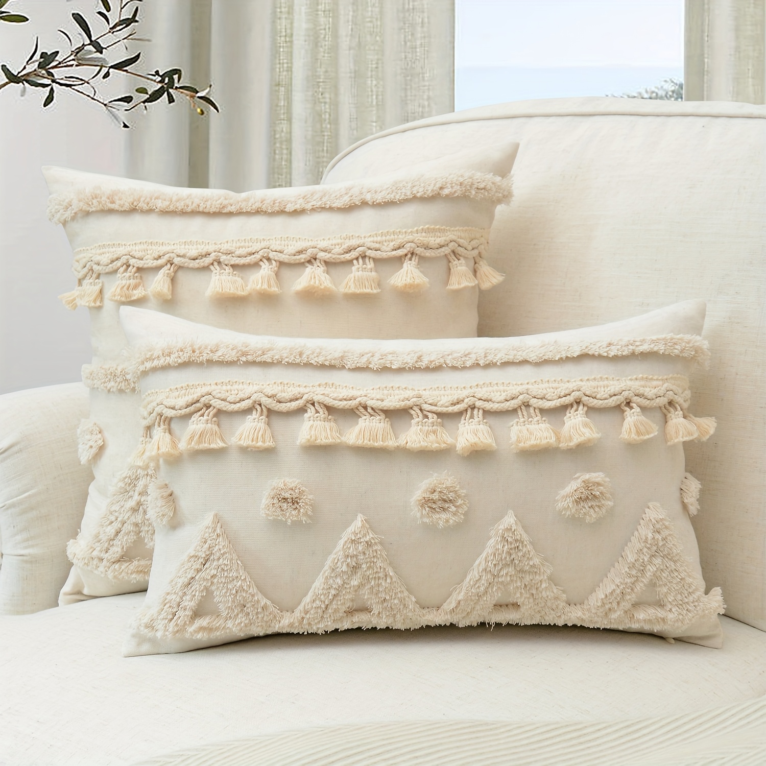 1pc of Pillowcase Made from Natural Linen, Featuring Geometric Tassel Trimming And Single-Sided Tufted Embroidery, Ideal for Decorating Sofas, Living Rooms, And Bedrooms, Does Not Include Pillow Insert