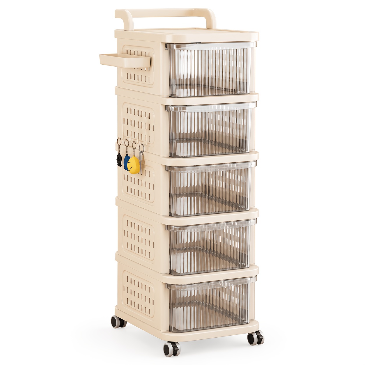 TEMU 3/4/5-tier Slim Rolling Storage Cart With Clear Drawers And Wheels, Mobile Narrow Organizer With Side Hooks And Spice Basket For Kitchen,