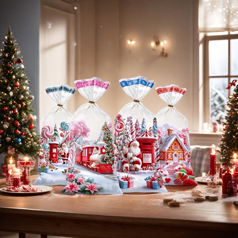 TEMU 48pcs Christmas Transparent Glass Paper Gift Bags, 4-style Mixed Santa Claus Snowman Plastic Gift Bags With Ribbon, Suitable For Christmas Theme