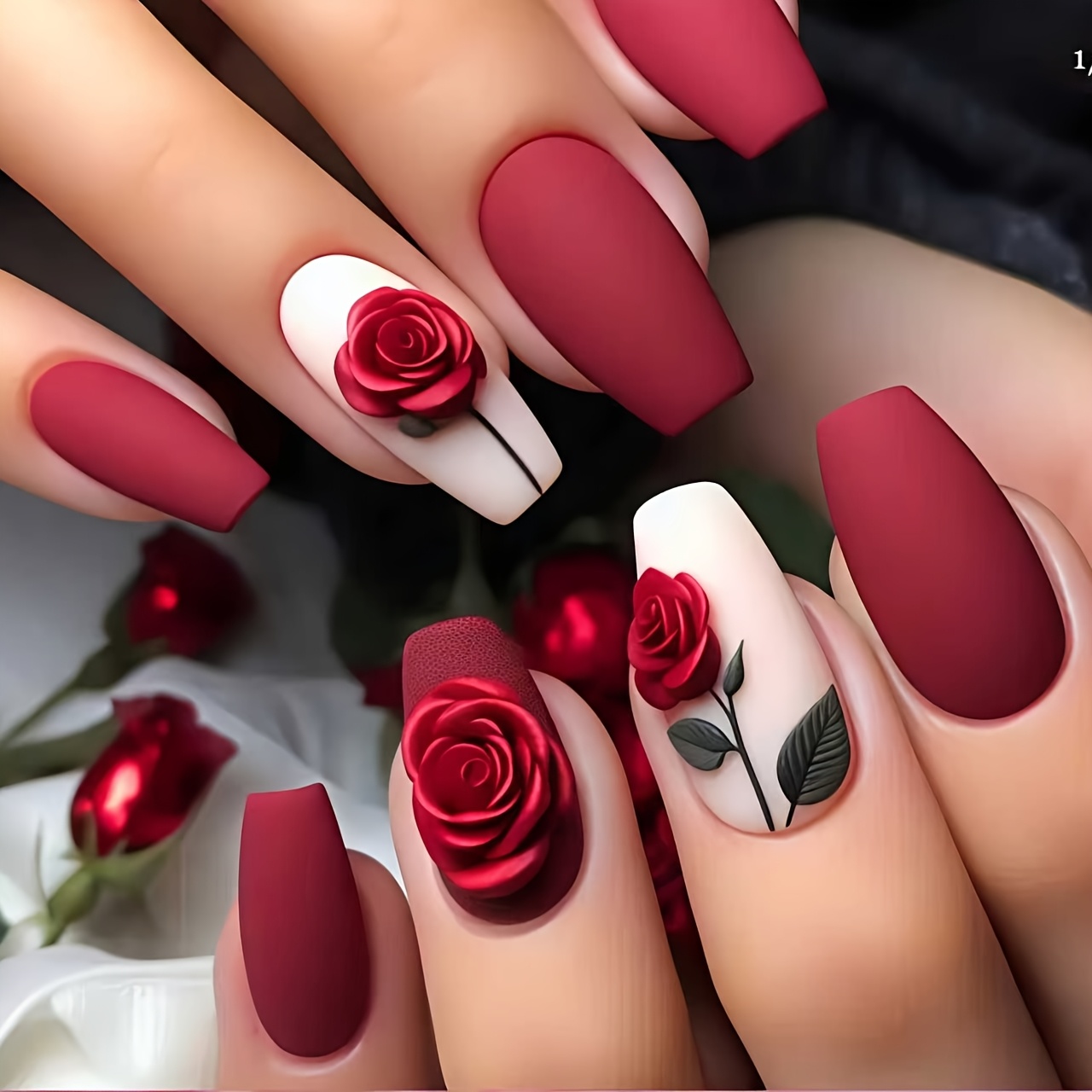 TEMU Medium-length 's Day Matte False Nails With Red Roses, 24pcs Of Removable And Reusable Nail Stickers
