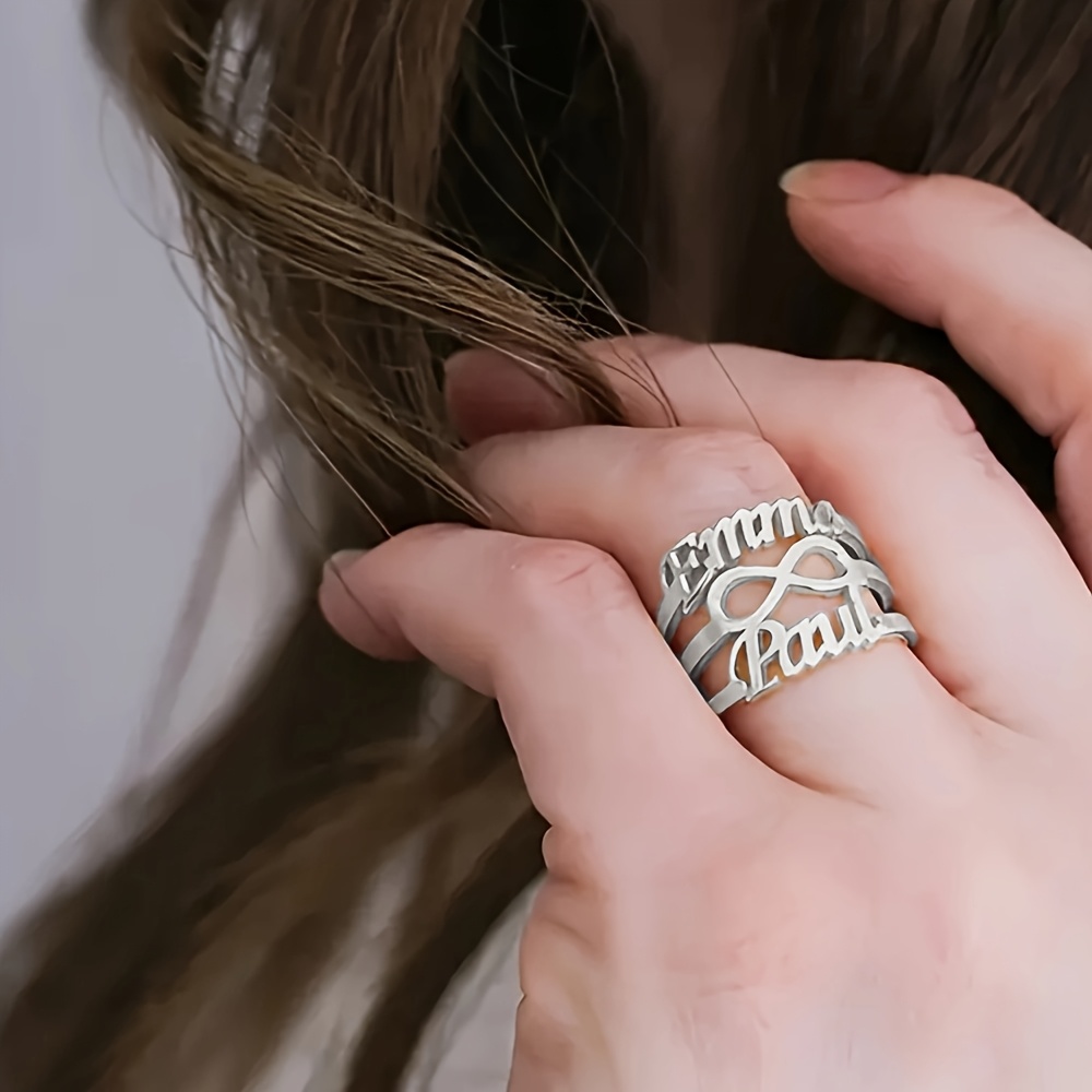 TEMU Custom Fashion Personalized Rings, Stylish Women's Custom Letter Wide Rings, Stainless Steel Jewelry, Diy Engraved Three-layer Name Rings,