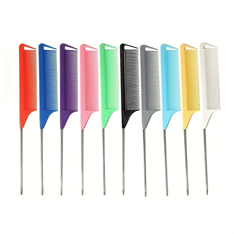 TEMU 10pcs Professional Steel Tail Combs, Solid Color Heat Salon Parting Hair Styling Comb For Hairdressing, Dyeing & Styling - Premium Hairdresser