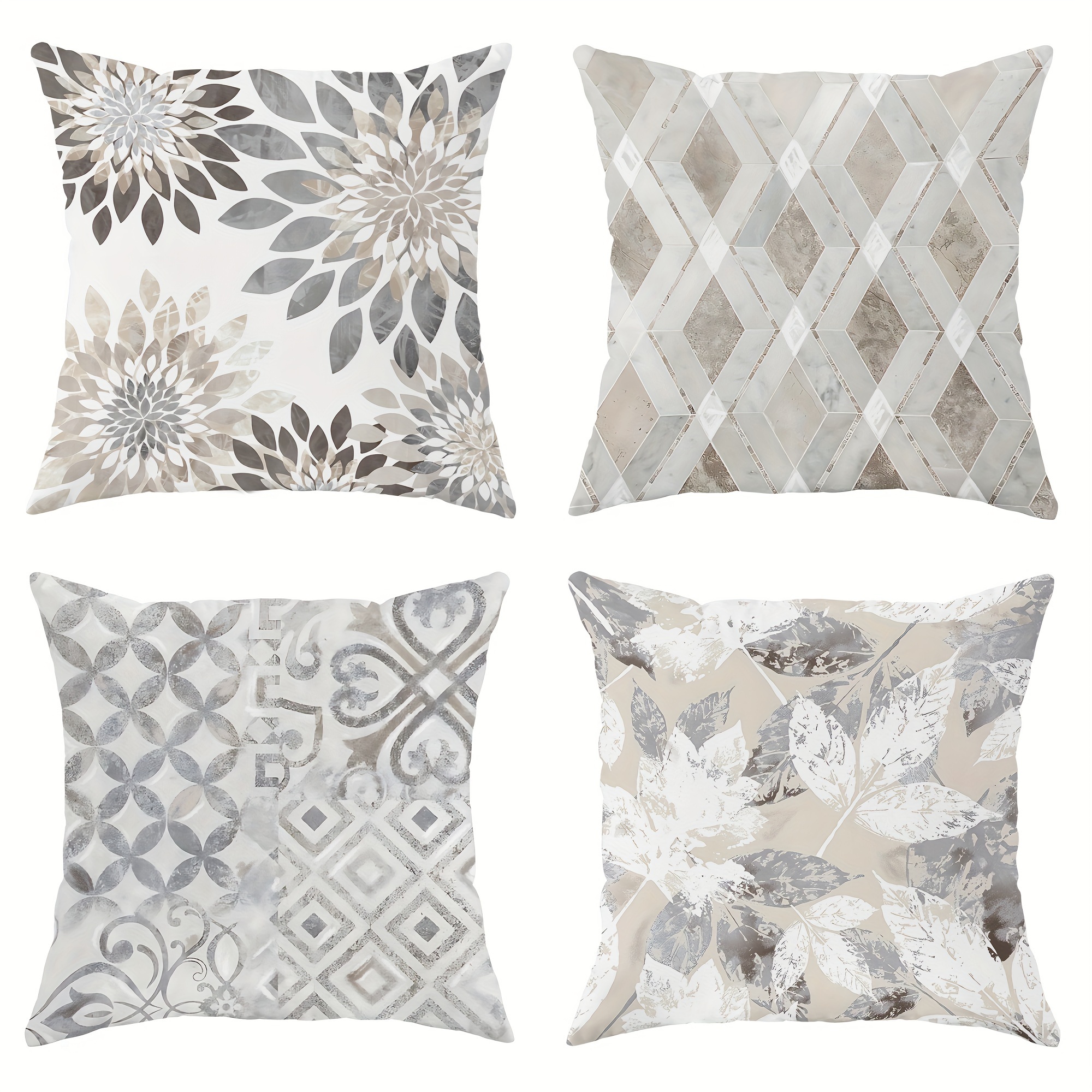 

4pcs, Floral Geometric Leaves Botanical Light Gray Polyester Throw Pillow Covers, Modern Neutral Pillow Covers, Decorative Cushion Covers 45×45cm/18 "x18" For Living Room Bedroom Sofa Bed Decoration