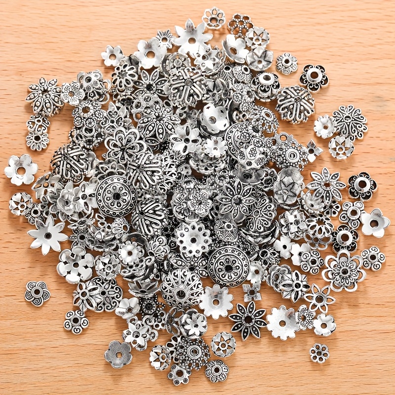 

200pcs Vintage Silvery-tone Bead Caps, Assorted Styles - Hollow Spacer Beads For Making, Ideal For Necklaces, Bracelets, Earrings & Pendants