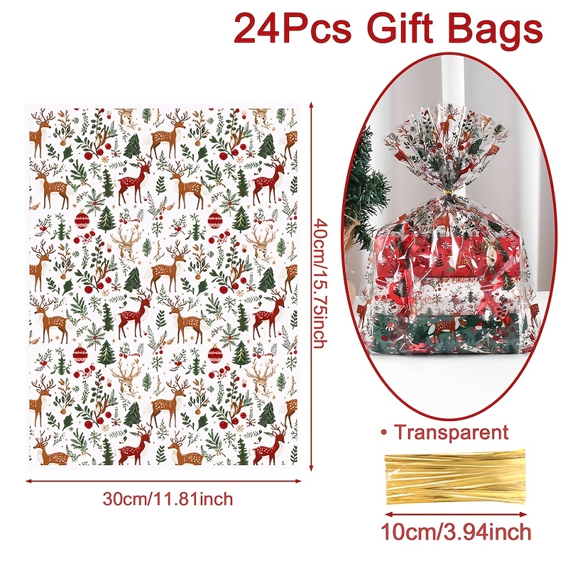 TEMU 12/24pcs Clear Plastic Christmas Gift Bags With Twist Ties - Reusable Cellophane Treat Bags Featuring Christmas Tree, Holly, Elk Designs, Party