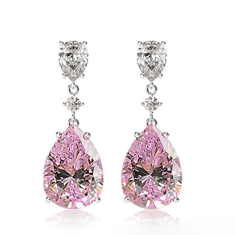 E-shop Ein Paar luxuriöse Tropfenohrringe für Damen, mit rosa synthetischem Zirkon in Tropfenform, für Hochzeiten, Partys, Dates und elegante