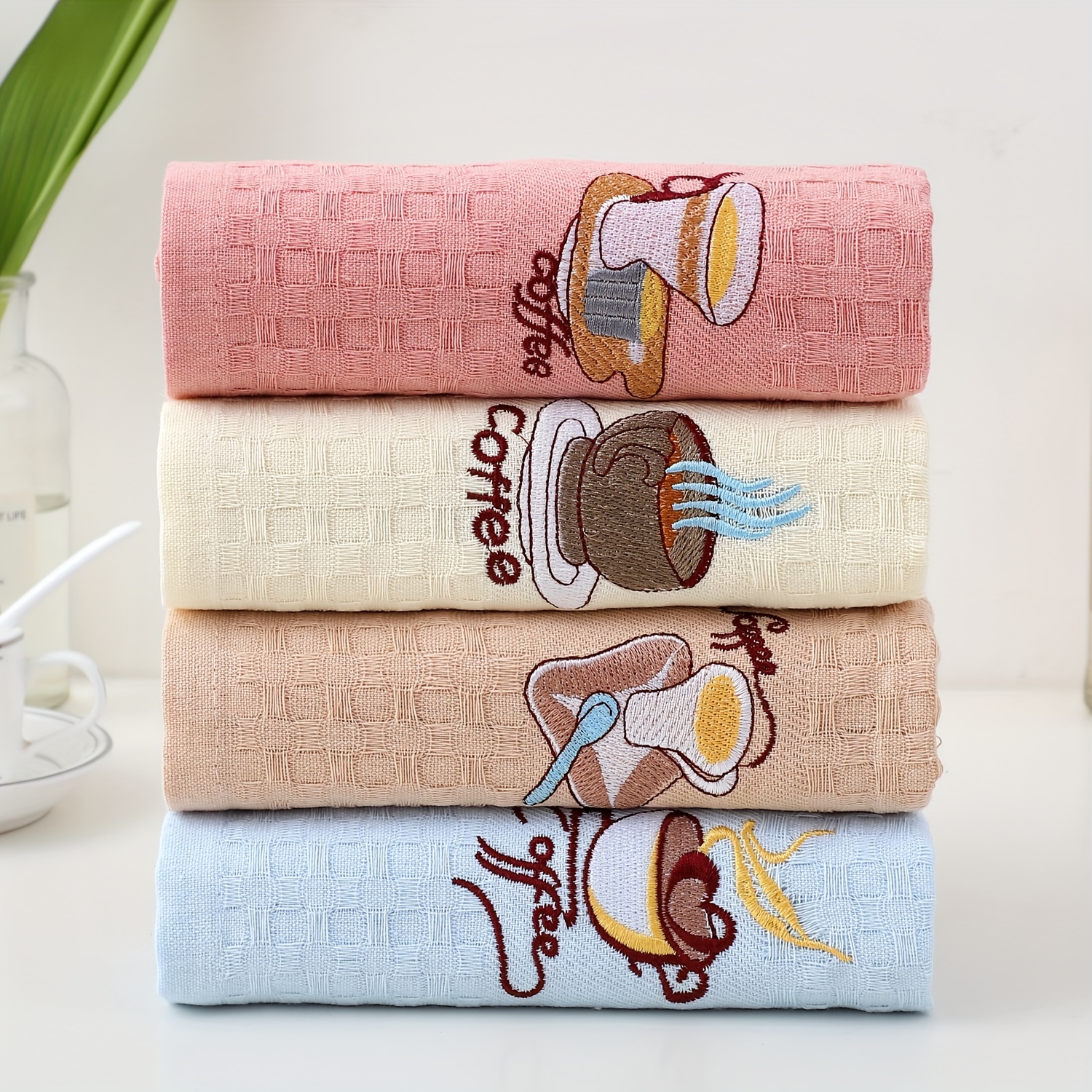 Image of 4pcs Embroidered Cotton Towel Set: Dishcloths, Cleaning Cloths, And Washcloths - Durable, Absorbent, Effective For Kitchen & Bathroom Use, 15.7" .6" (40cm X 60cm)
