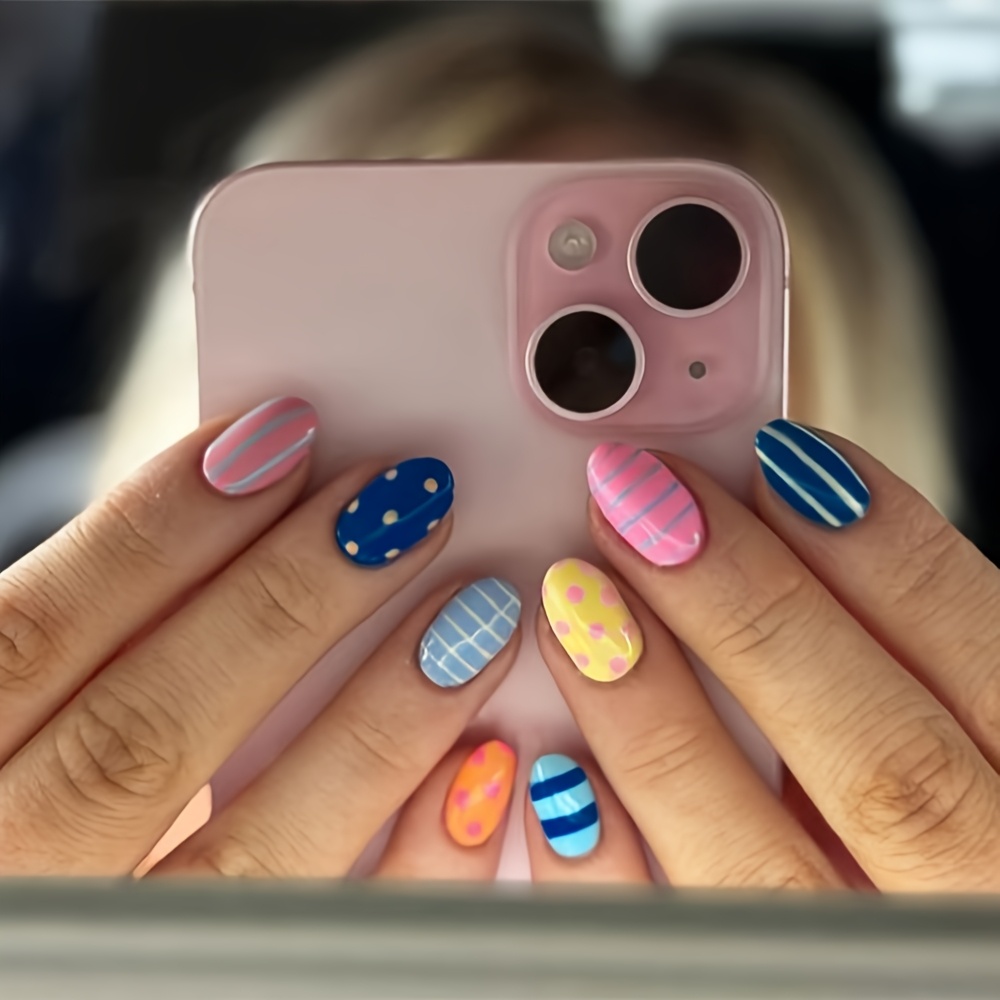 TEMU 30pcs Short Oval Press On Nails Suitable For Daily Wear & Spring Summer - Glossy False Nails With Bases, Polka Dots, Stripes & Grid Patterns,