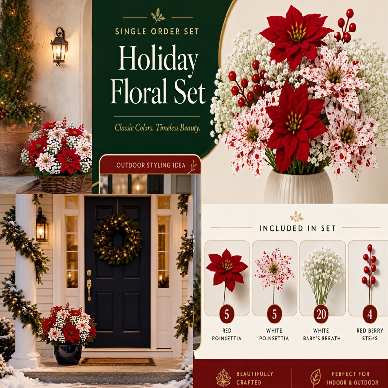 TEMU 34pcs Christmas Red And White Artificial Flower Bouquet With Red Berries, Poinsettias, And Baby's Breath - Self- Decorative Artificial Flowers,