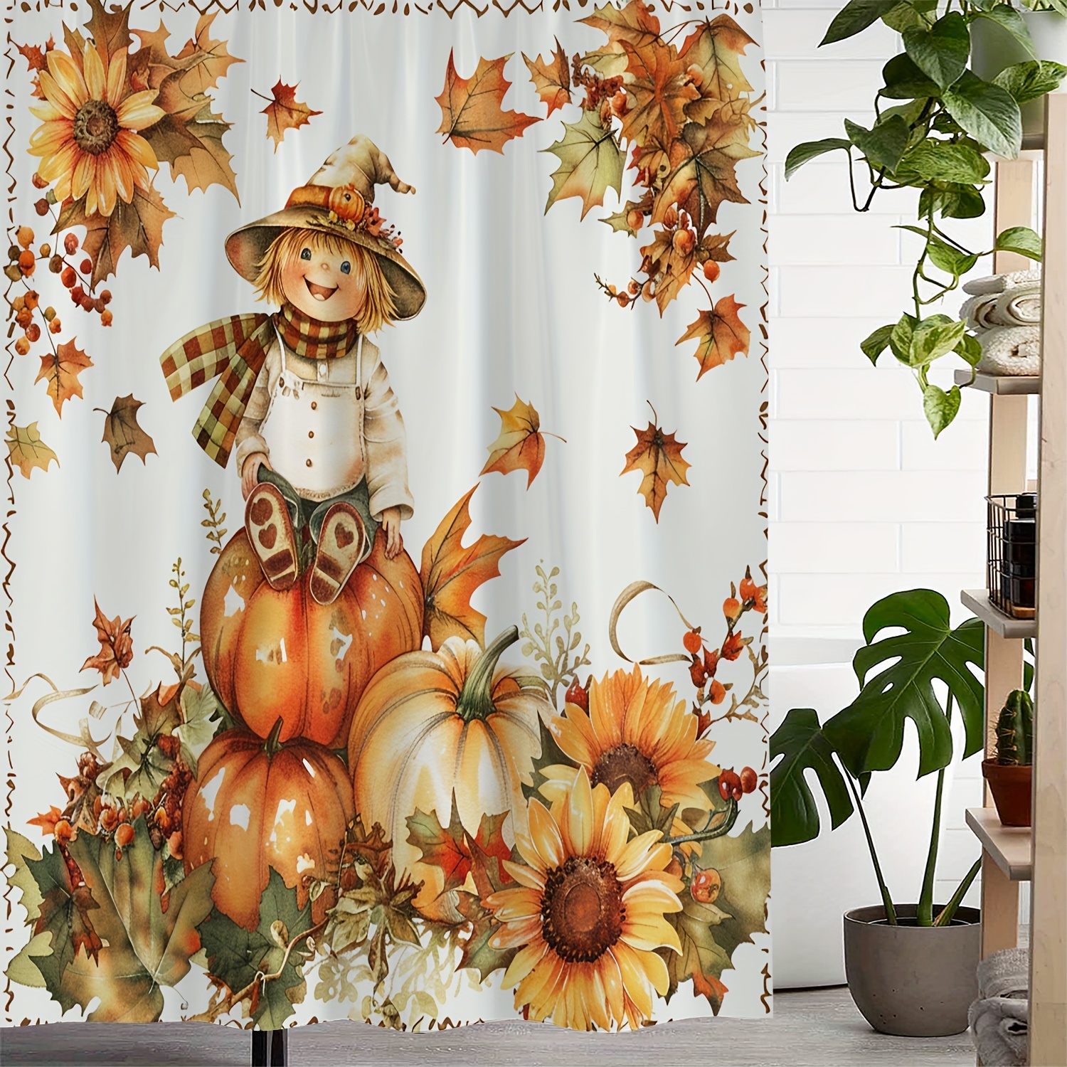 

1 Piece Of Falling Leaf Pumpkin Shower Curtain Fall Autumn Print Waterproof Shower Curtain, Curtain For Windows With 12 Hooks