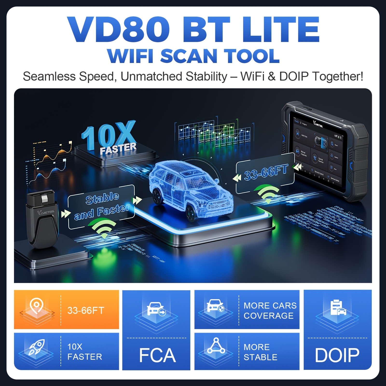 VDIAGTOOL VD80BT LITE Car Diagnostic Scanner - OBD2 Code Reader with FCA ECU Coding, PMI & DOIP Support, 28 Special Functions And 2-Year Free Updates