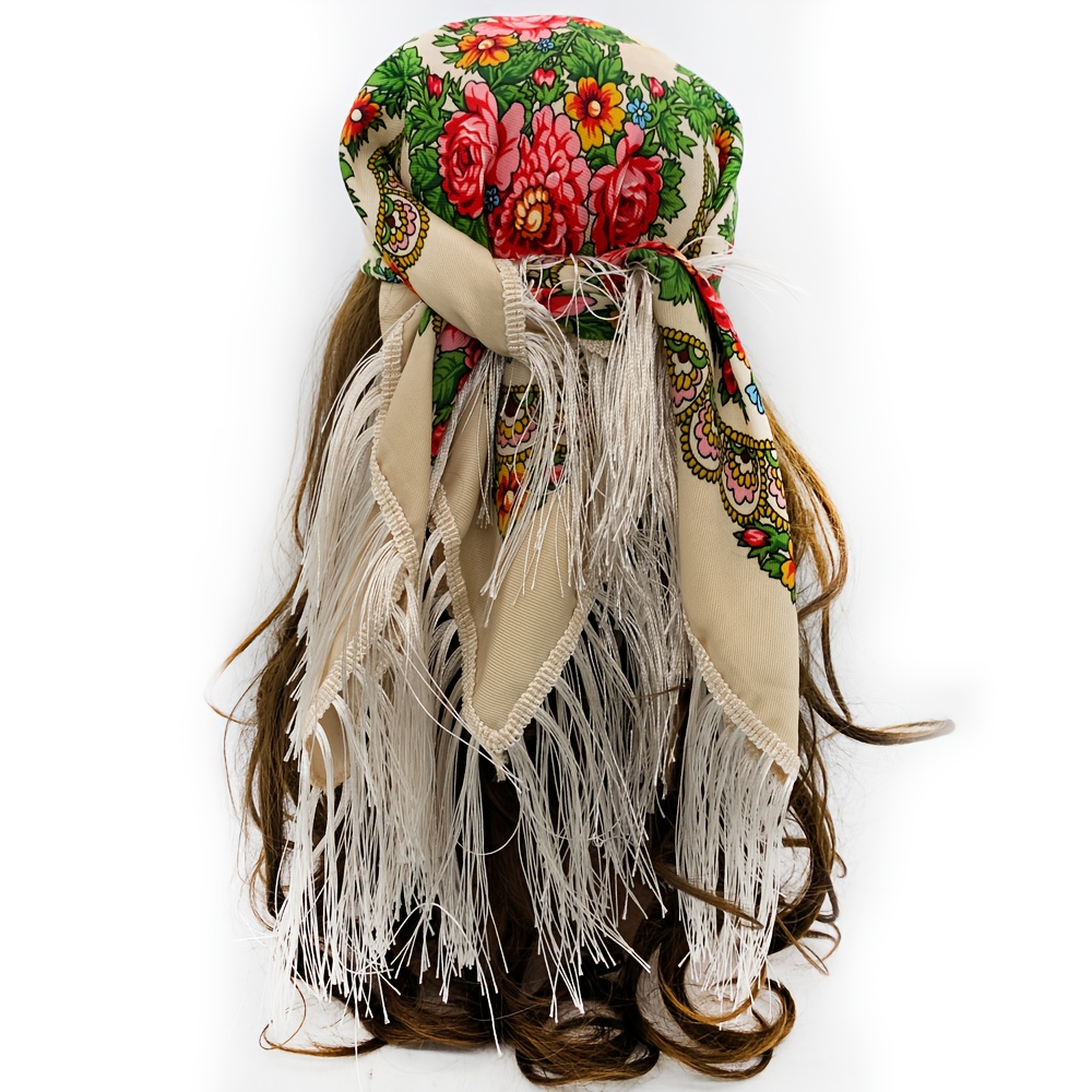 TEMU 70cm X 70cm Floral Print Women's Headscarf, Windproof And Dustproof Headscarf With Tassels, Small Square Scarf, Bohemian Style Scarf,