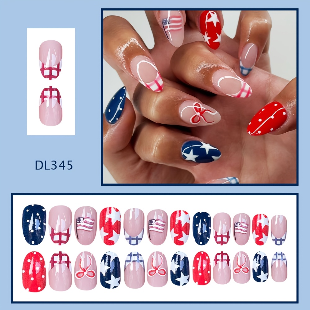 TEMU 24pcs Day Short Round Colorful Nail Art With Stars, Polka Dots, And Bows, Wearable And Removable False Nails