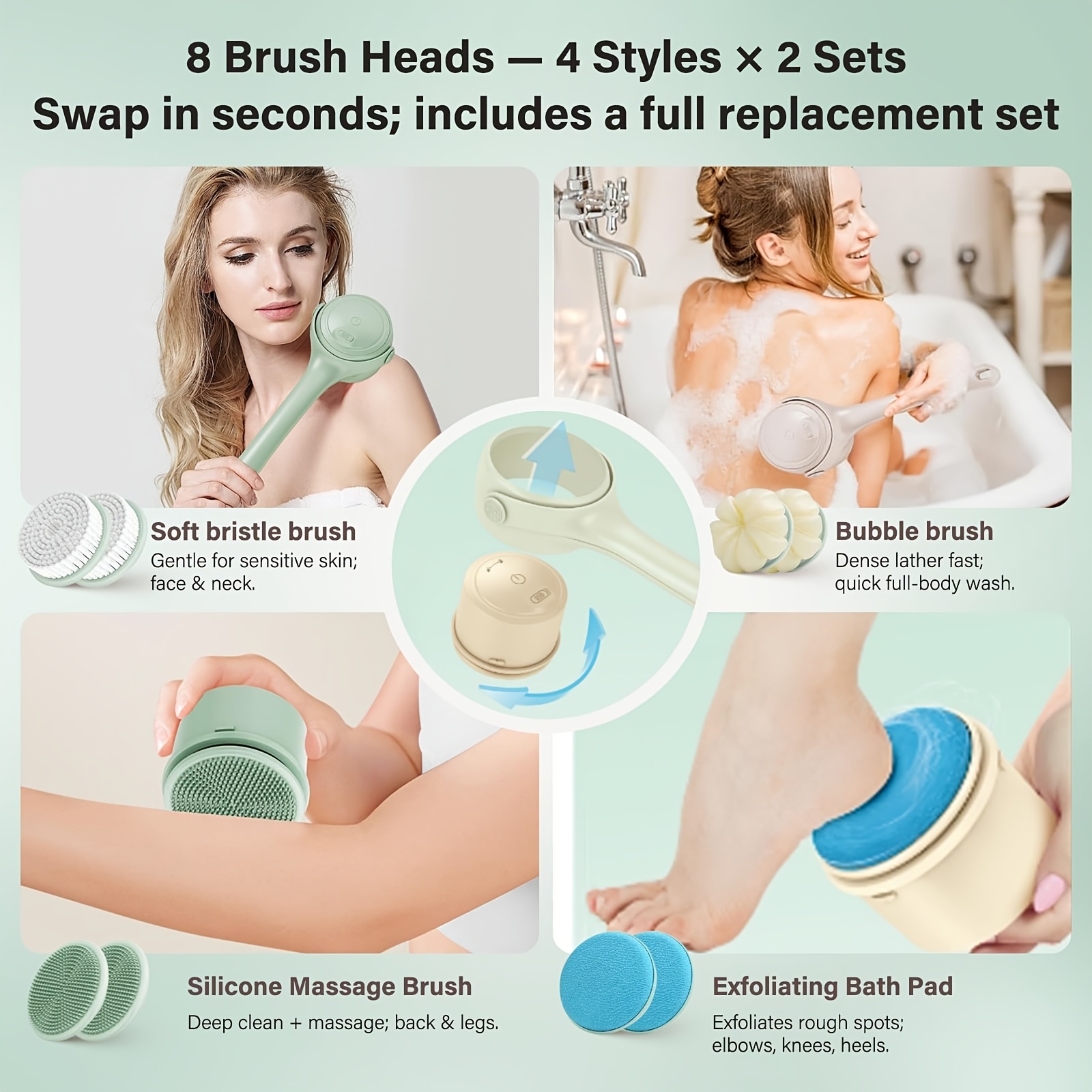 SENBOWE Electric Body Brush Back Scrubber Designed for Use in The Shower, Featuring a Long Dual Handle And Three Interchangeable Heads. This Rechargeable Bath Brush Offers Three Speed Settings for Effective Cleansing, Exfoliation, And Skin Massage.