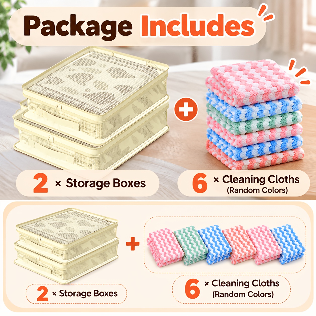 TEMU 8pcs Set | 2pcs Storage Bags And 6pcs Random Colors Of Cleaning Cloths | Home Clothing Storage Bags, Foldable Fabric Zipper Organizers, Large