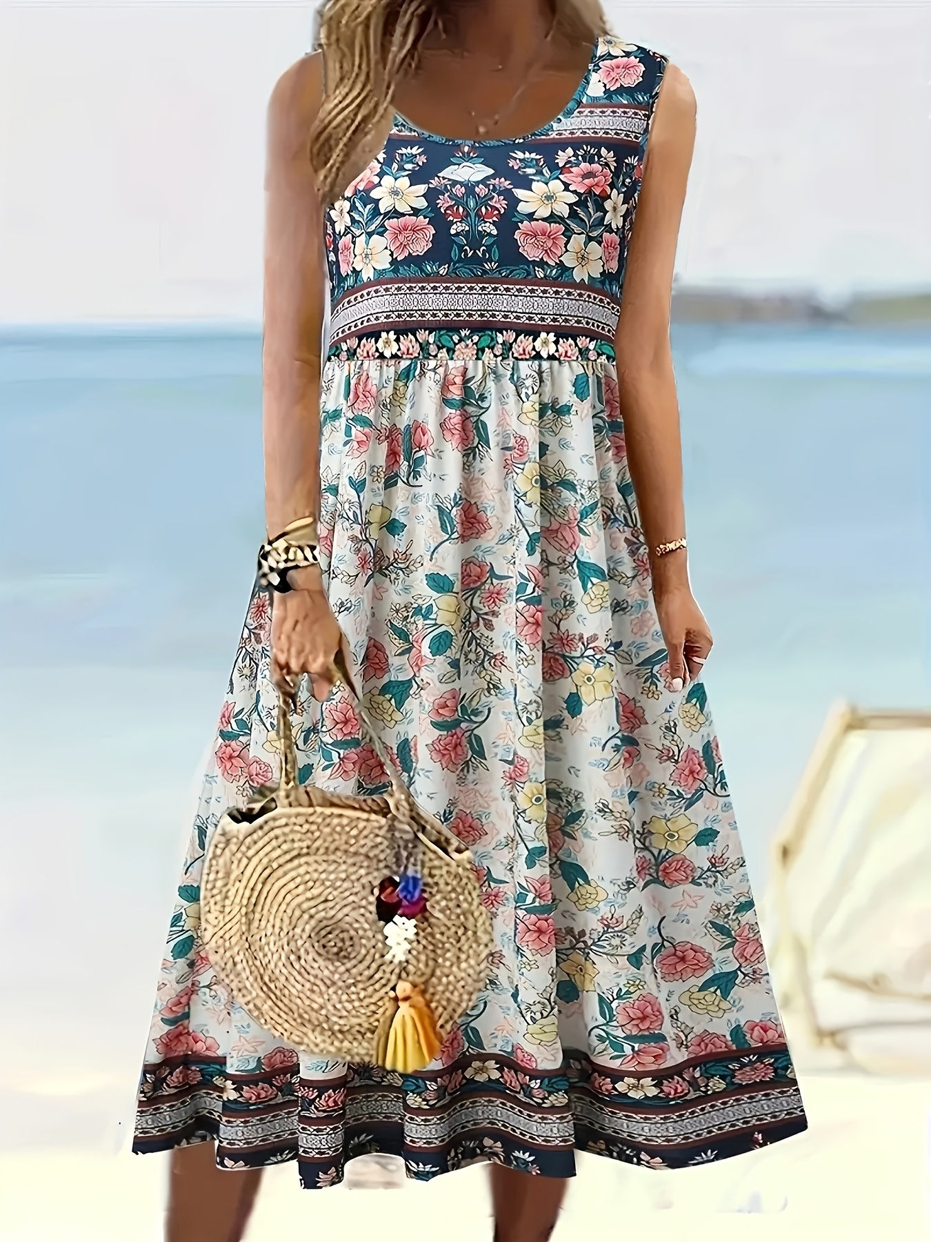 plus size womens floral print sleeveless a line dress round
