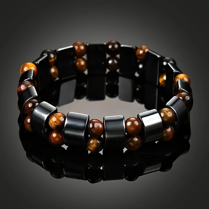 

1pc Double Hematite Tiger's Eye Bracelet, Stone Cool Charm Bracelet For Men Women