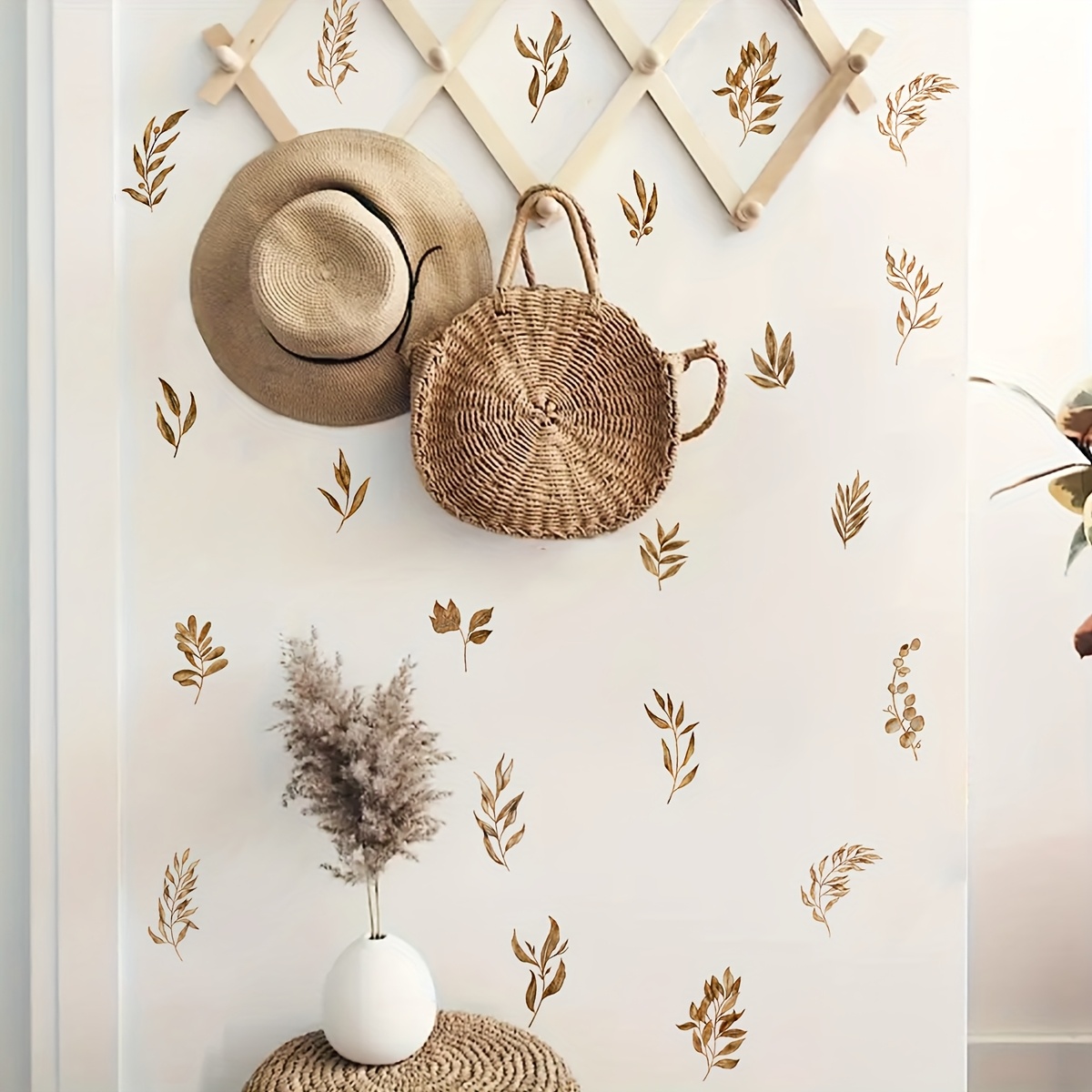 Image of 1pc Wall Sticker Peel And Stick Leaf Wall Sticker Golden Vinyl Wall Decal Plant Leaf Wall Sticker For Living Room Bedroom Home Wall Decoration Sticker