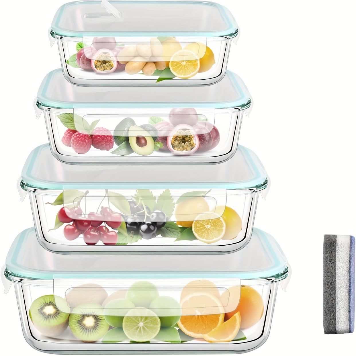 

Glass Food Storage Container Set, Transparent Containers With Airtight Containers, Reusable Glass Container, Set Of 4/2, 1040/640 Ml , 1 Cleaning Sponges, Bpa Free, Meal Prep Containers