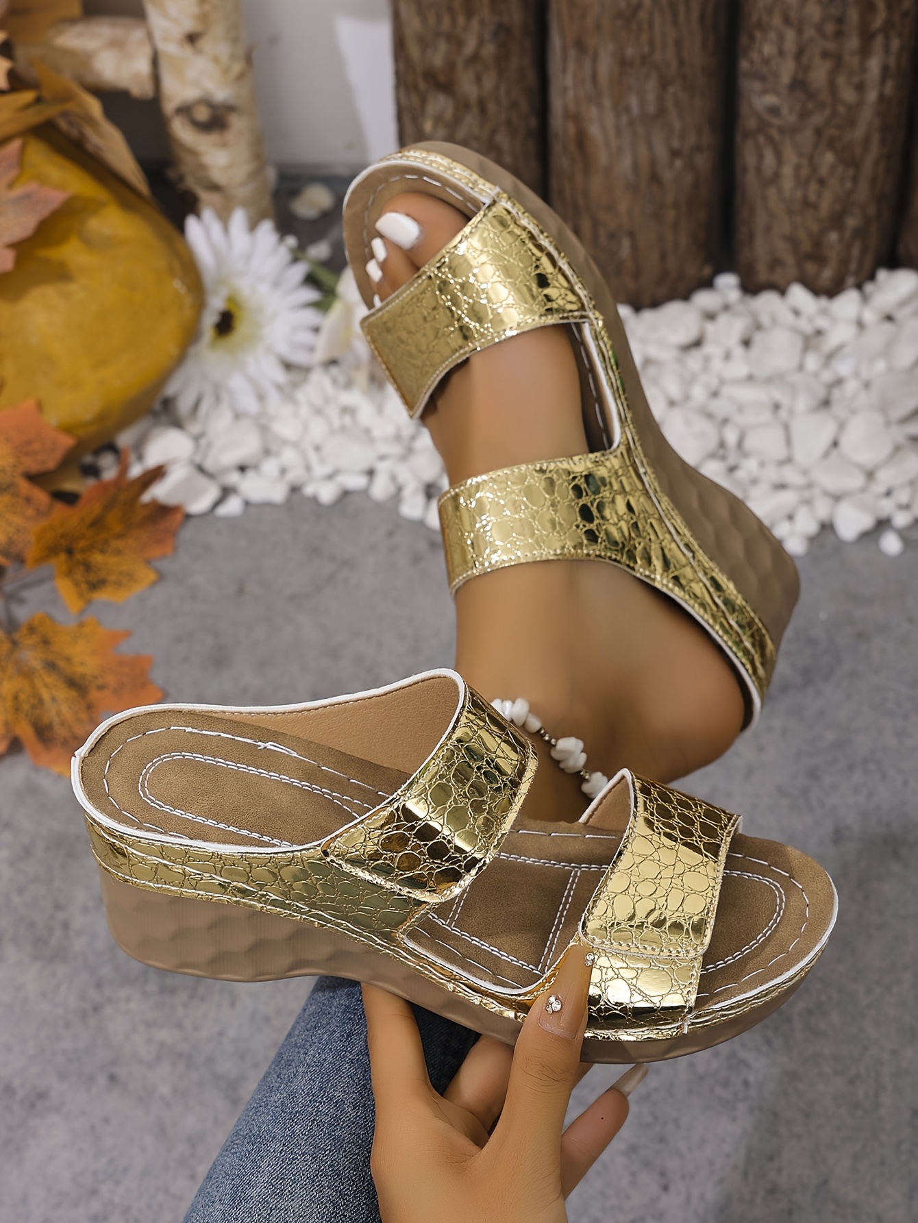 womens summer wedge sandals open toe high heel with adjustable hook and loop closure textured pu cover upper durable pu   size casual   for women textured strap design durable sole shoes Product details 18