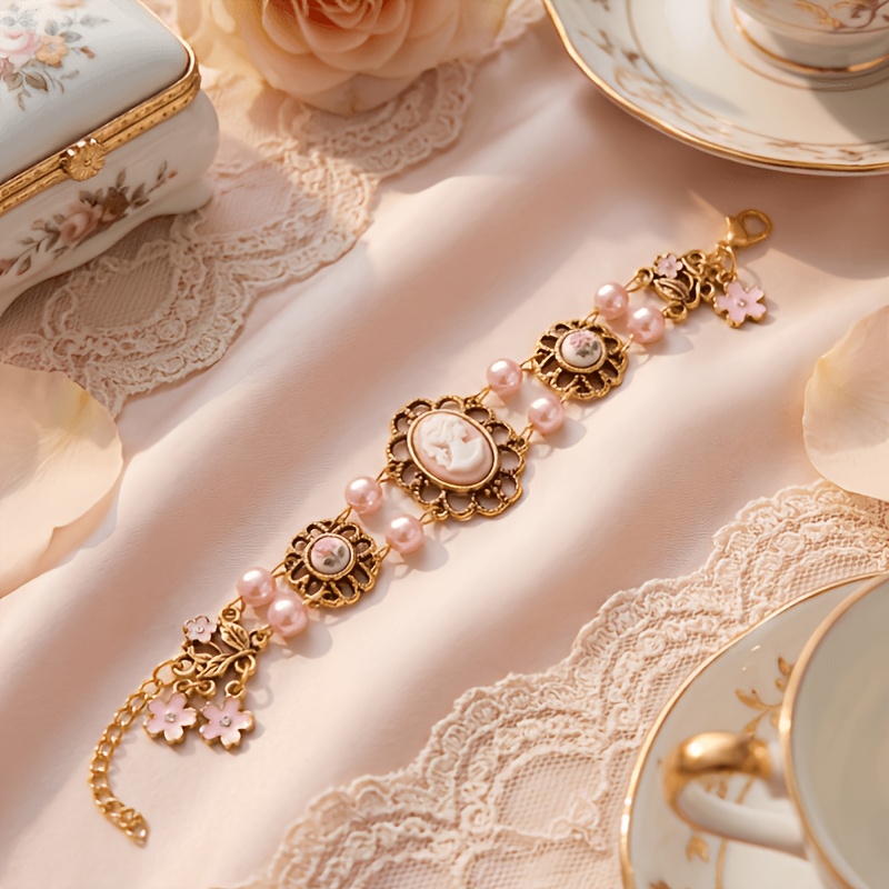 TEMU Women's Vintage Victorian Court Pink Bracelet With Lady Silhouette & Rose Flower Pendant - Retro Wrist Chain Jewelry Suitable For Birthdays,,