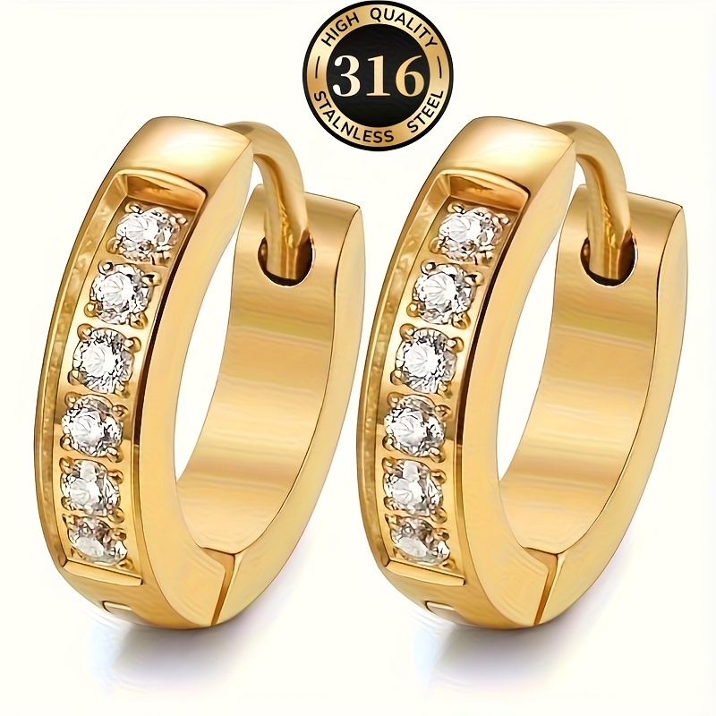 TEMU 2pcs Women Men Fashion 18k Golden Plated Steel Cubic Zirconia Hoop Waterproof Personalized Jewelry Earrings Gifts