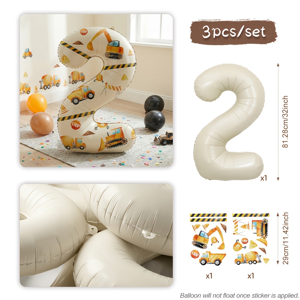 Image of 3pcs, Excavator Sticker And Cream Number Foil Balloon For Construction Theme Birthday Party Decorations Supplies