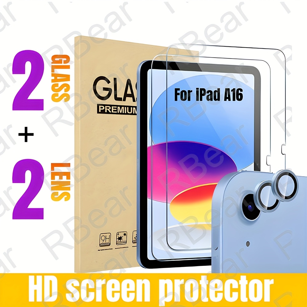 TEMU 2+2pcs, Suitable For Ipad A16 Tablet Screen Protector Tempered Glass, 2 Tablet Screen Protectors + 2 Tablet Camera Lens Protectors, Oleophobic