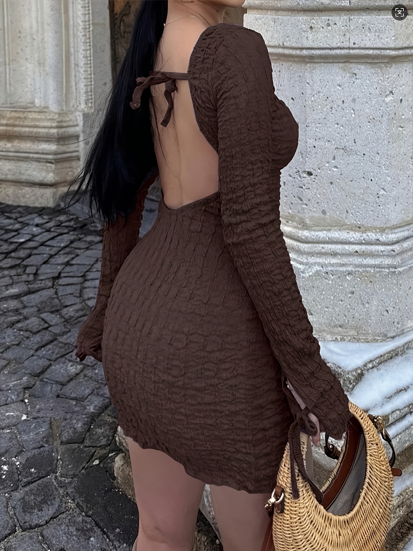brown crew neck long sleeve open back tie textured fit - Temu Mauritius