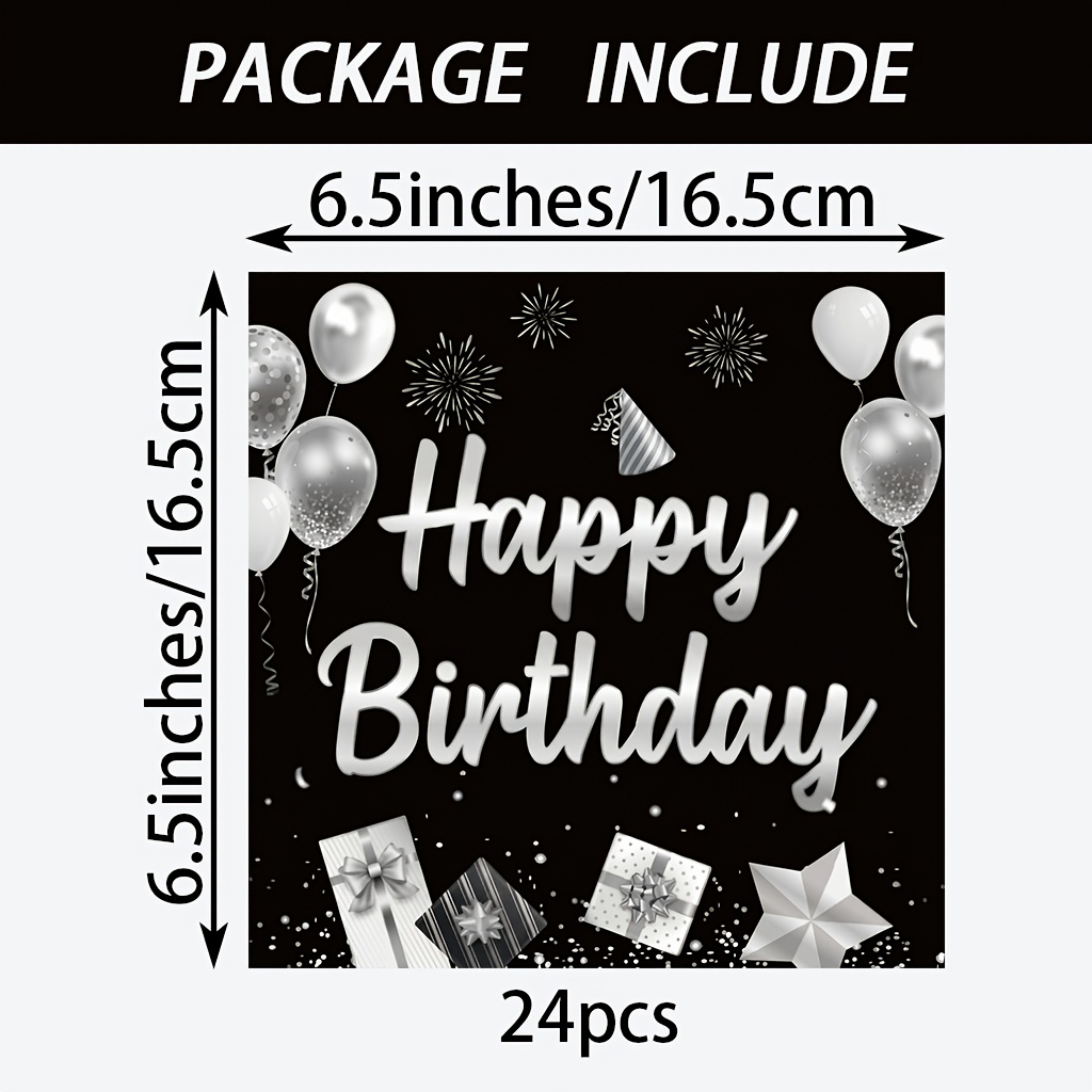 TEMU 24 serviettes en papier d'anniversaire noires et argentées, 2 épaisseurs, 16,5 cm, jetables, avec ballons, cadeaux et étoiles pour fête