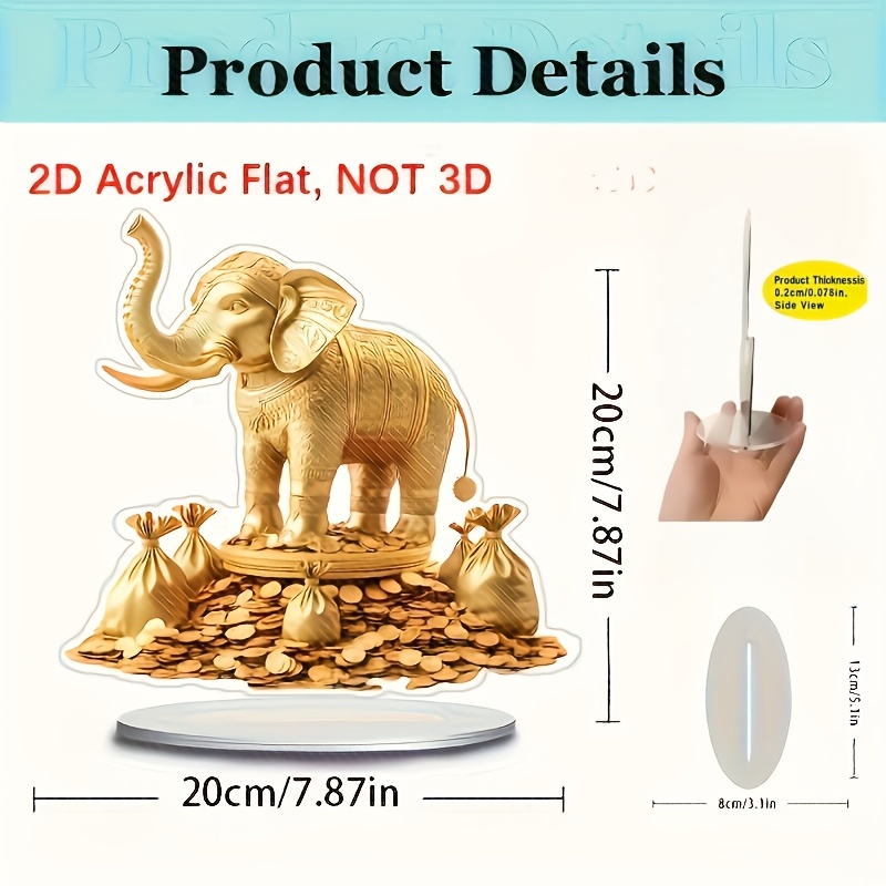E-shop 2D Flach, Goldener Elefant 2D Acryl Schreibtischdeko mit Sockel - Wohlstands-Symbol-Design, Realistische Goldmünze & -Detail - Eleganter Akzent