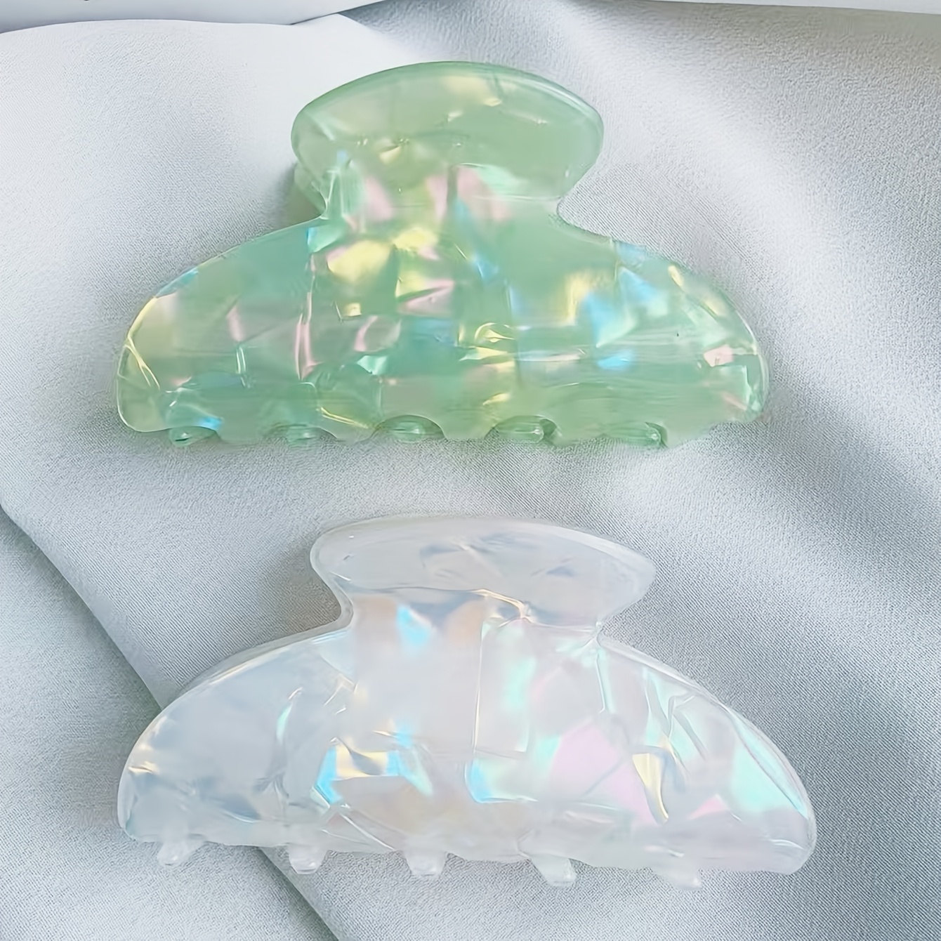 TEMU 2pcs Set White And Green Acetate Mermaid Iridescent Marble Pattern Half-round Hair Claw, Elegant And High-end, Suitable For Prom Parties, , And