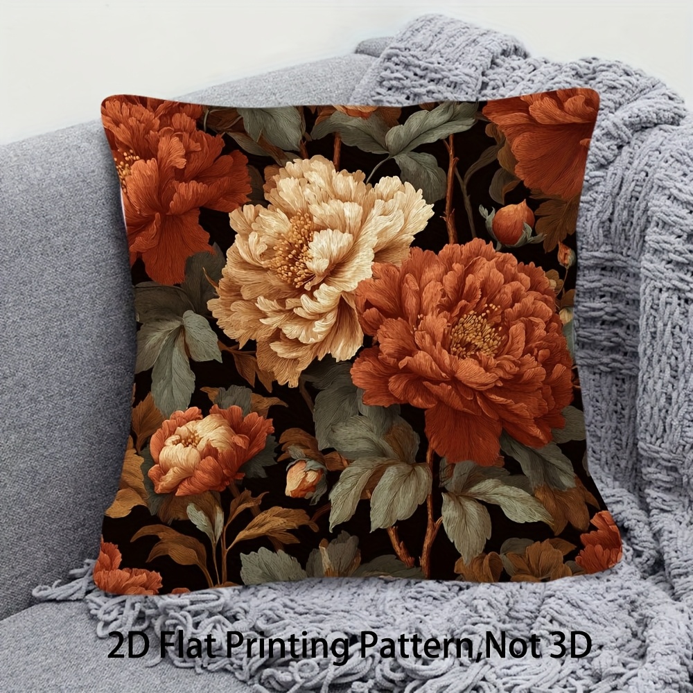 TEMU 1pc, 2d Flat - Double-sided Short Plush Decorative Pillow Cover, 1pc, Featuring A 2d Flat Printed Vintage Style Floral Rust Peony Design,