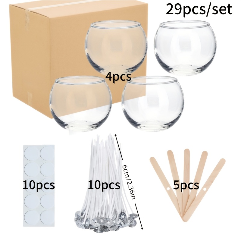 E-shop Dieses Set enthält 29 Stück Glas-Kerzenhalter, mit 4 runden Glasbechern und 25 verschiedenen Bastelzubehörteilen (10 Dochte, 10 Aufkleber, 5