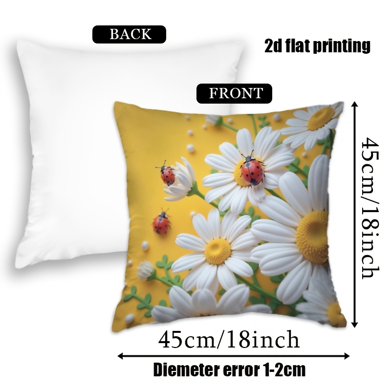 2D Flat,Terrace Cushion Cover,1pc 18X18 Inches Quare Pillow Cover, Ladybugs Rest on Daisies.,Decoration, Gifts,Valentine Festival Gifts,Outdoor Indoor,Garden Decoration, 2D Flat