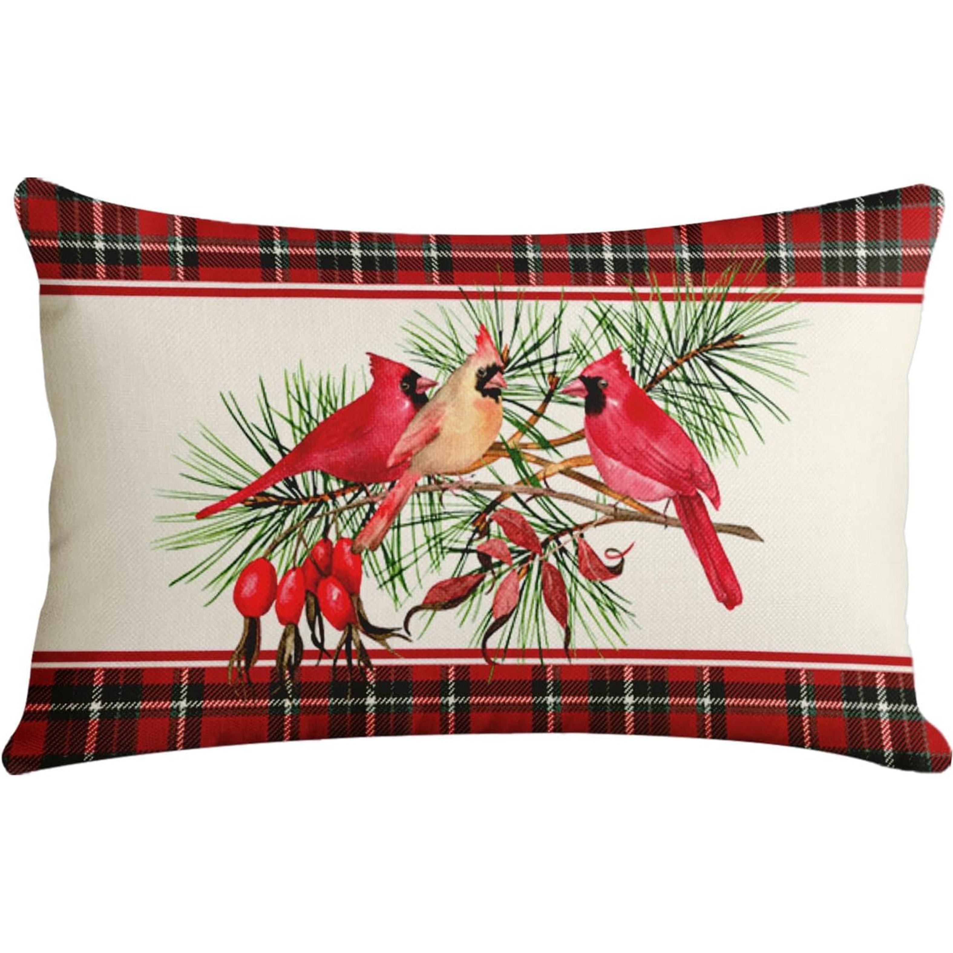 

Contemporary Plaid Linen Throw Pillow Cover With Birds Pine Design, Machine Washable, Zipper Closure, Decorative Cushion For Various Room Types, 12x20 Inch - Single Side, No Pillow Core