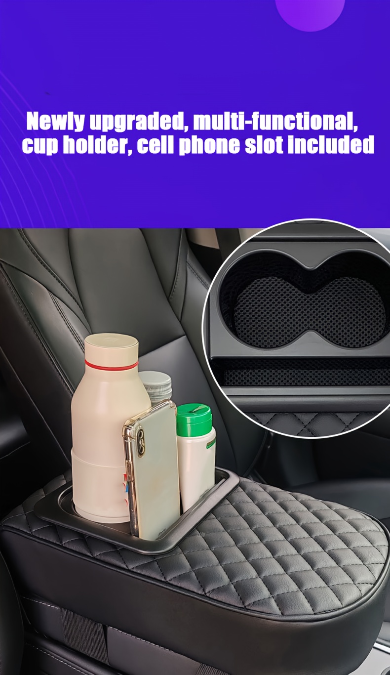fit faux leather car armrest cushion with cup holder phone storage multifunctional booster pad for details 0