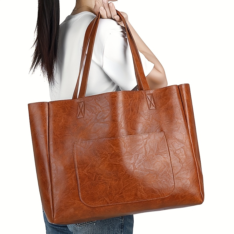 TEMU Women's Vintage Tote Bag - Large Capacity Open Top Shoulder Bag With Fixed Strap, Minimalist Black Handbag For Everyday Use & Professional